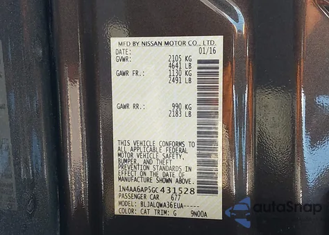 2016 Nissan Maxima 3.5 Platinum/3.5 S/3.5 Sl/3.5 Sr/3.5 Sv z USA, uszkodzony, nr VIN 1N4AA6AP5GC431528